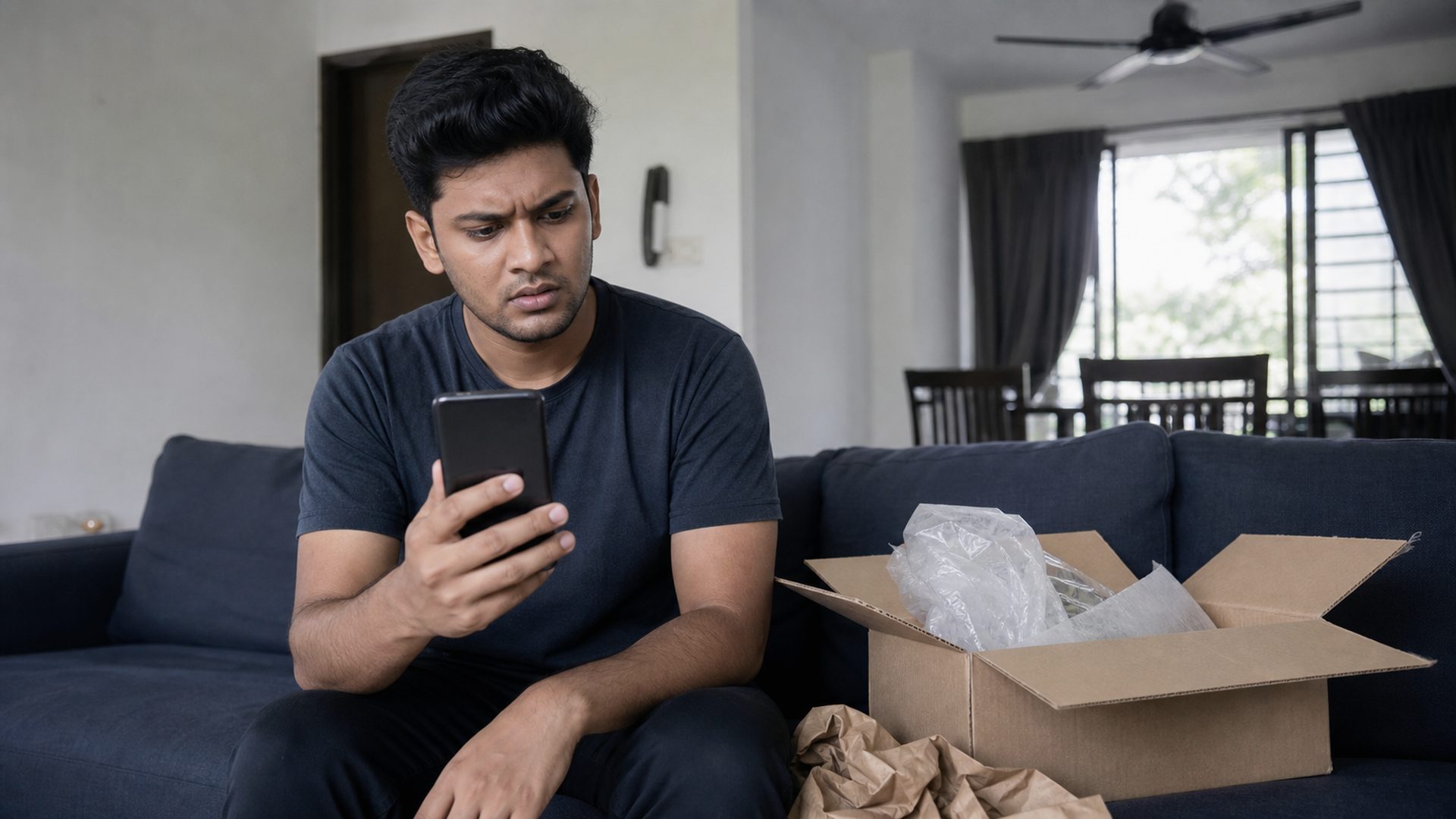 Seorang lelaki muda meneliti telefon di sebelah bungkusan yang baru dibuka