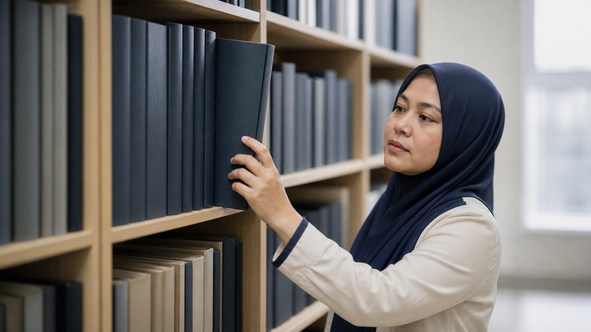 Seorang pegawai wanita bertudung mencapai laporan berjilid dari rak arkib